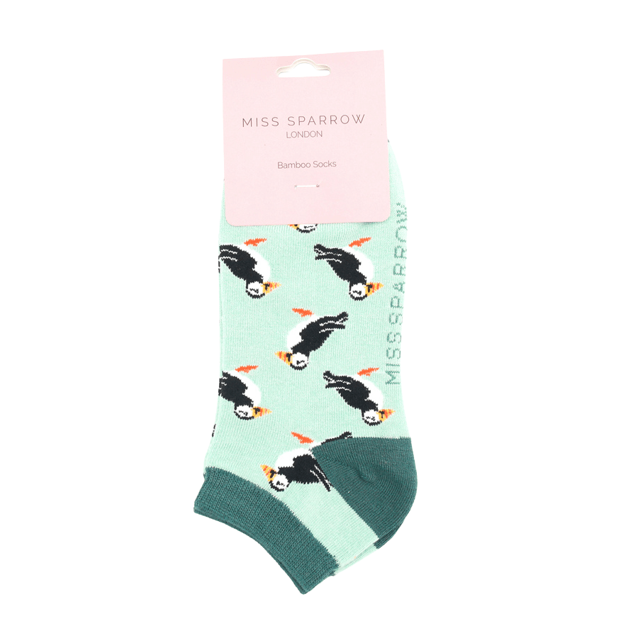 lusciousscarves Socks Miss Sparrow Puffins Bamboo Trainer Socks - Mint Green