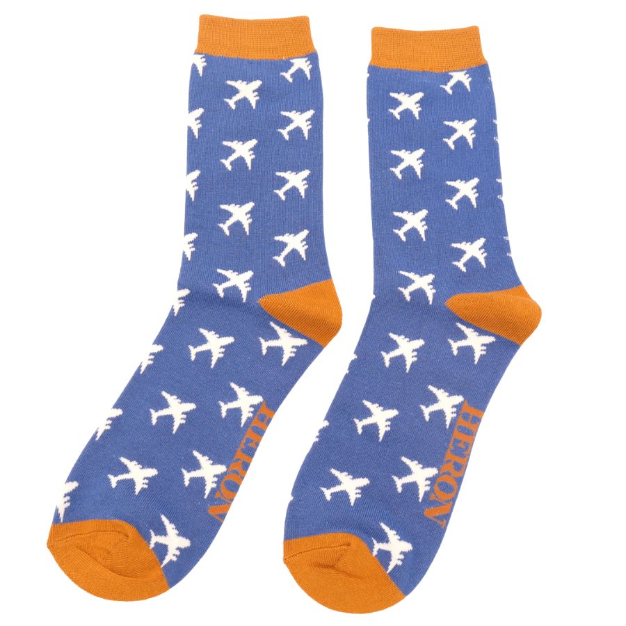 lusciousscarves Socks Mr Heron Bamboo Socks, Aeroplanes Design, Blue