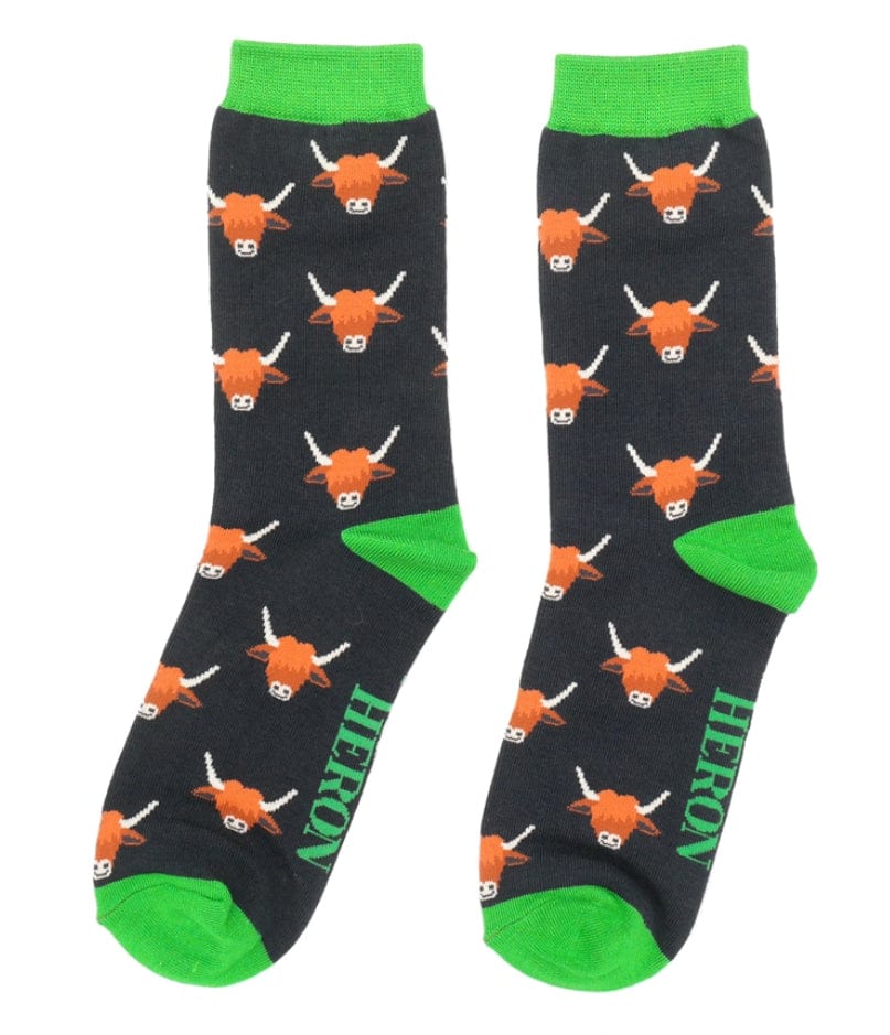 lusciousscarves Socks Mr Heron Highland Cow Black Bamboo Socks ,Men's
