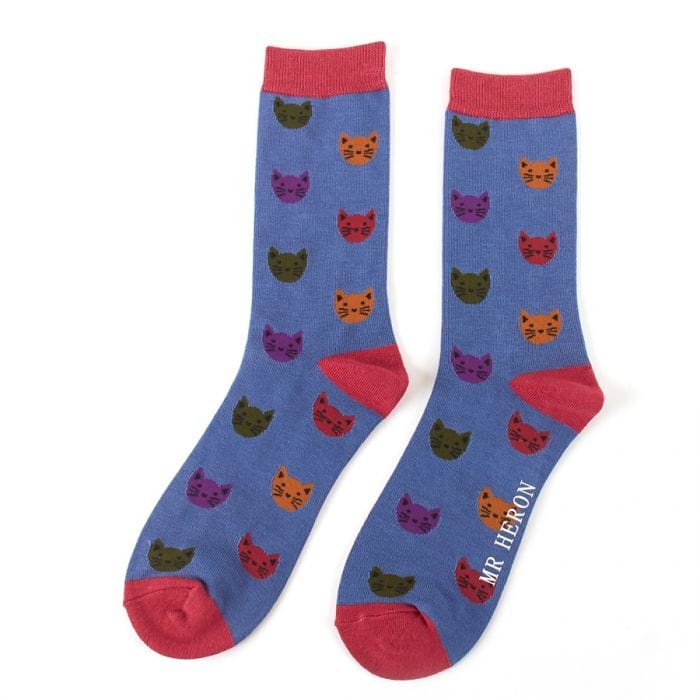 lusciousscarves Socks Mr Heron Kitty Faces Bamboo Socks - Blue