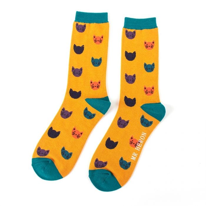 lusciousscarves Socks Mr Heron Kitty Faces Bamboo Socks - Mustard