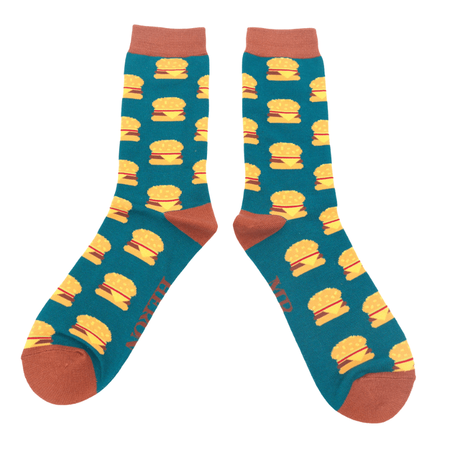 lusciousscarves Socks Mr Heron Men's Bamboo Socks, Hamburgers Design, Teal
