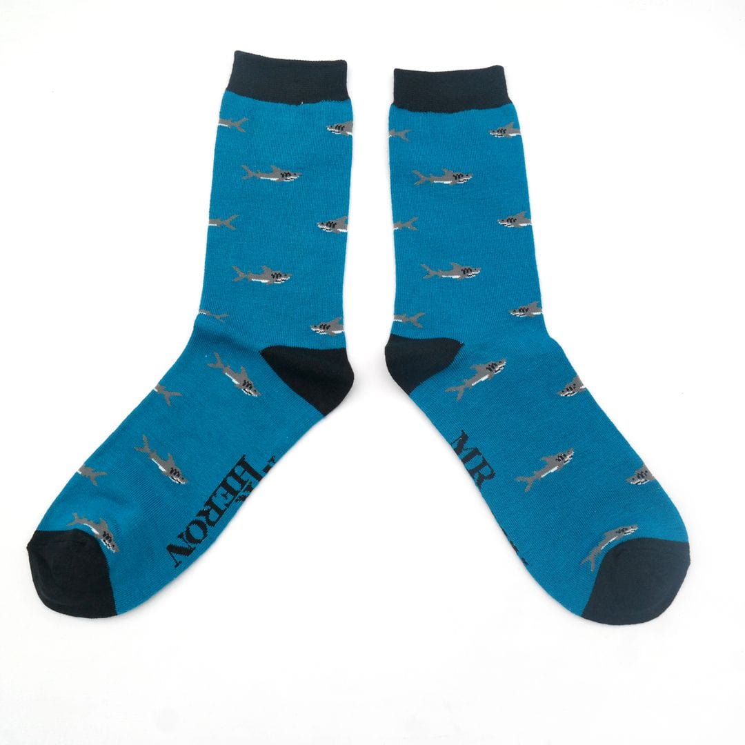 lusciousscarves Socks Mr Heron Men's Bamboo Socks , Sharks Design, Teal