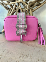 Load image into Gallery viewer, lusciousscarves Soft Pink Italian Leather Camera Bag and Strap Combo.

