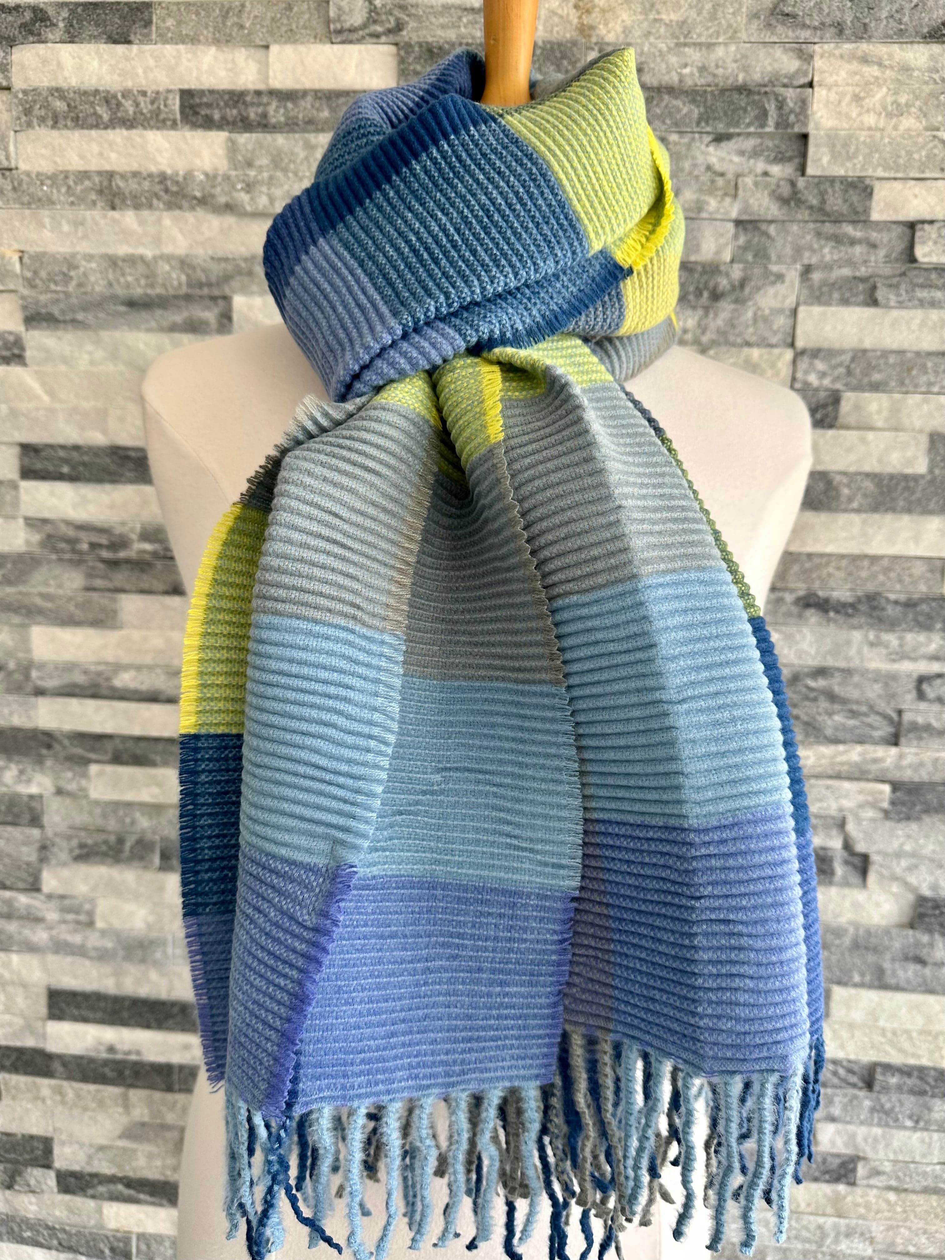 lusciousscarves Stretchy Blue, Grey and Yellow Scarf, Wool Blend