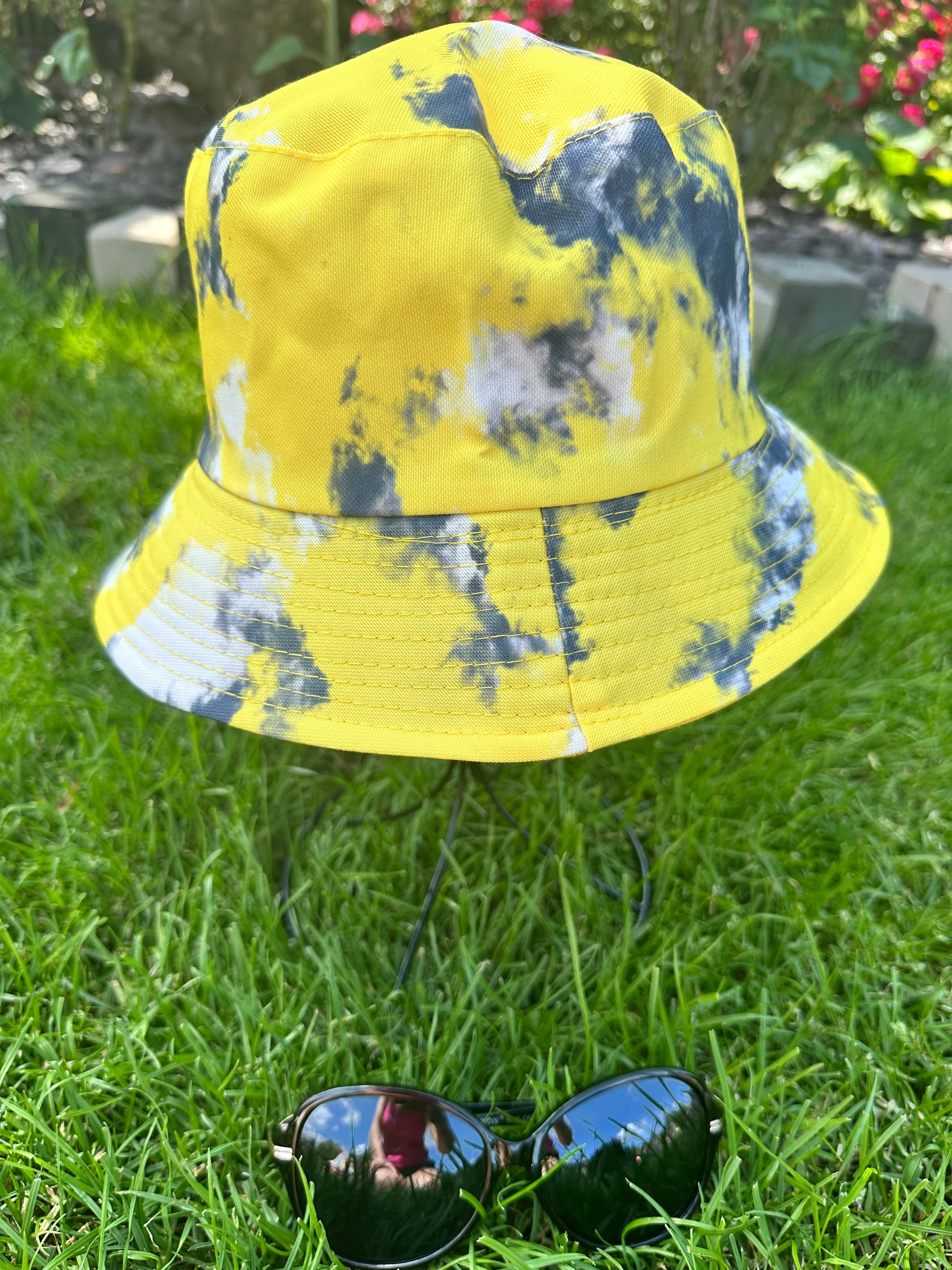 lusciousscarves sun hats Yellow Grey and White Reversible Bucket Hat , Tie Dye Design