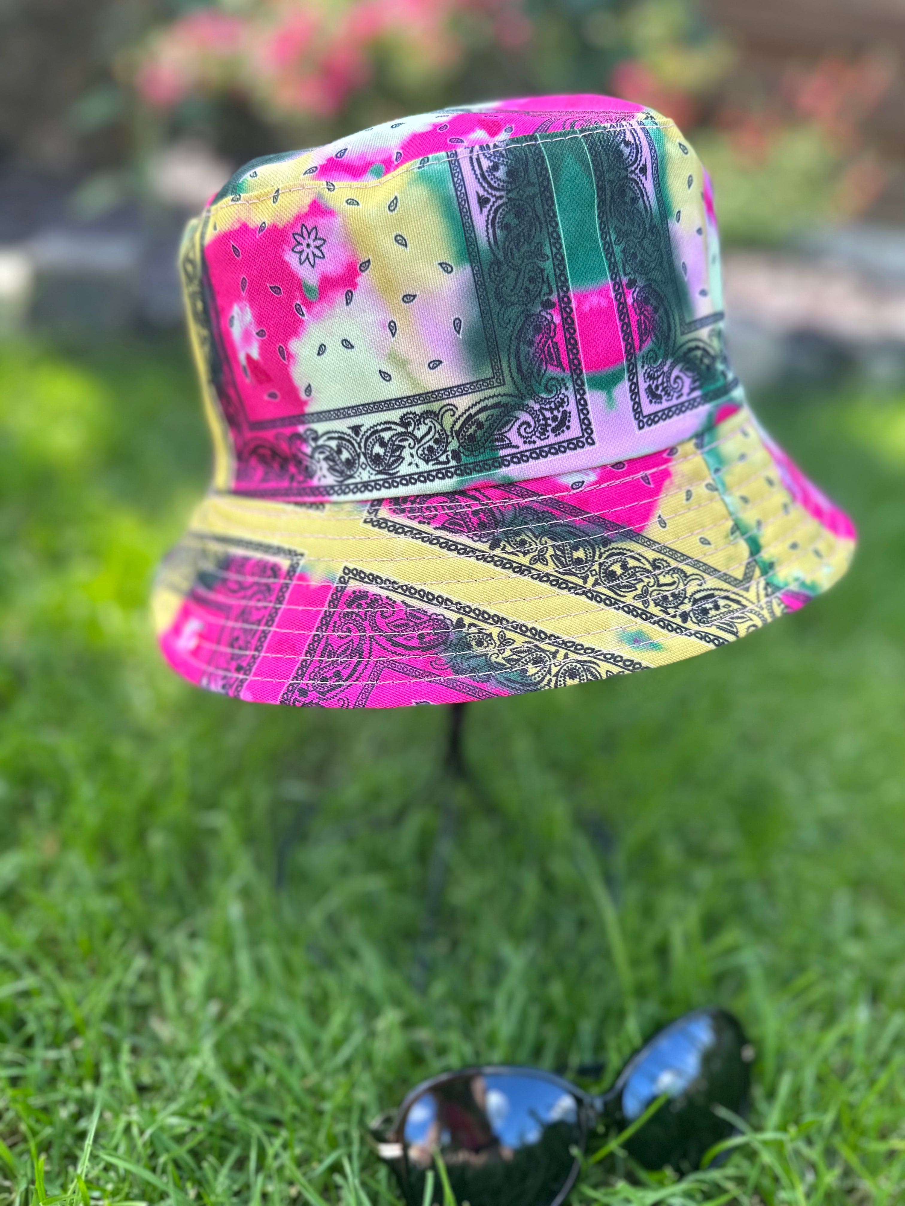 Yellow Pink and Green Tie Dye Reversible Bucket Hat with Black Paisley Design