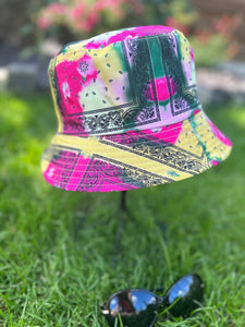 lusciousscarves sun hats Yellow Pink and Green Tie Dye Reversible Bucket Hat with Black Paisley Design