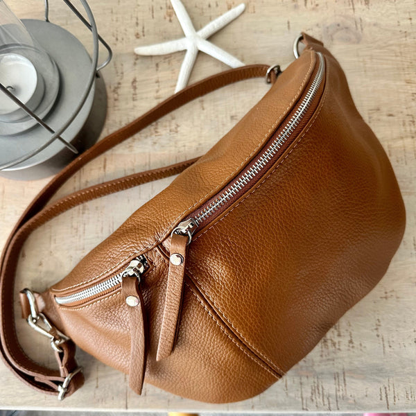 Tan Brown Italian Leather Sling Bag / Chest Bag. – lusciousscarves