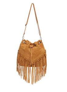 lusciousscarves Tan Brown Leather suede fringed tassels bucket bag / handbag