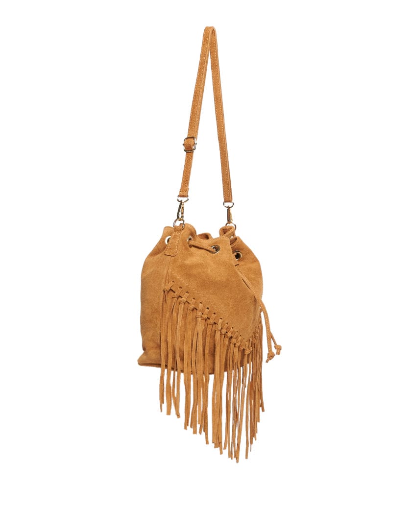 lusciousscarves Tan Brown Leather suede fringed tassels bucket bag / handbag