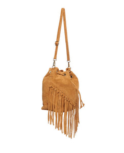 lusciousscarves Tan Brown Leather suede fringed tassels bucket bag / handbag