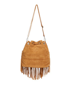 lusciousscarves Tan Brown Leather suede fringed tassels bucket bag / handbag