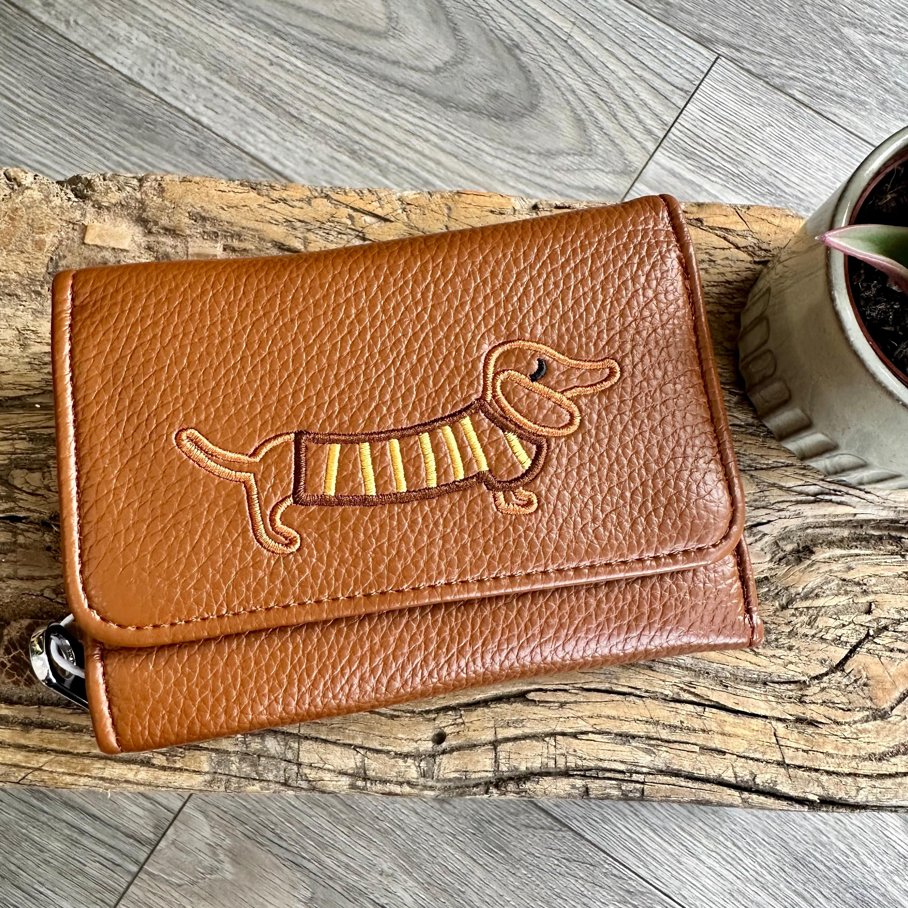 lusciousscarves Tan Embroidered Sausage Dog , Dachshund Wallet Zip Purse