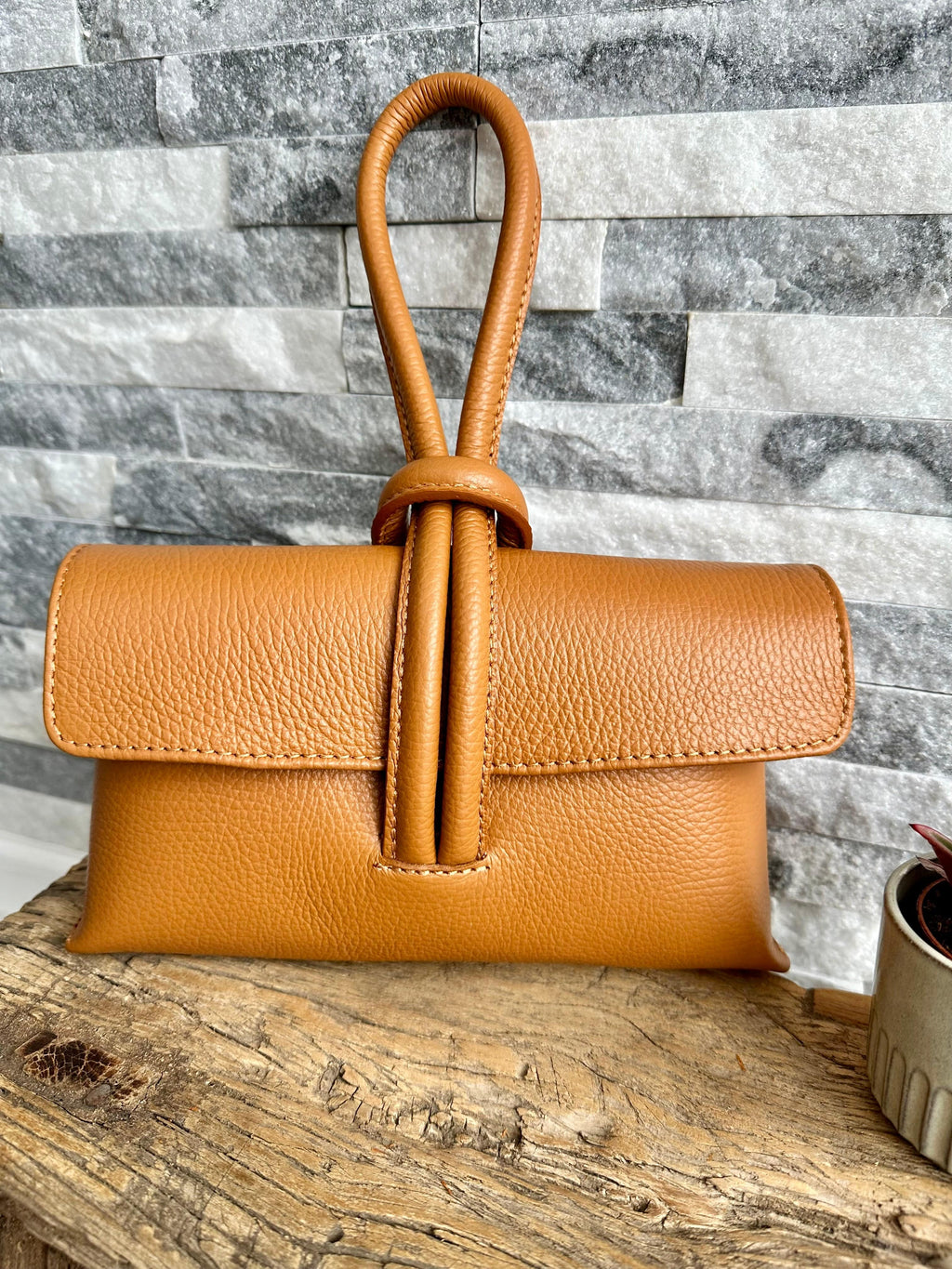 lusciousscarves Tan Italian Leather Clutch Bag , Evening Bag with Loop Handle.
