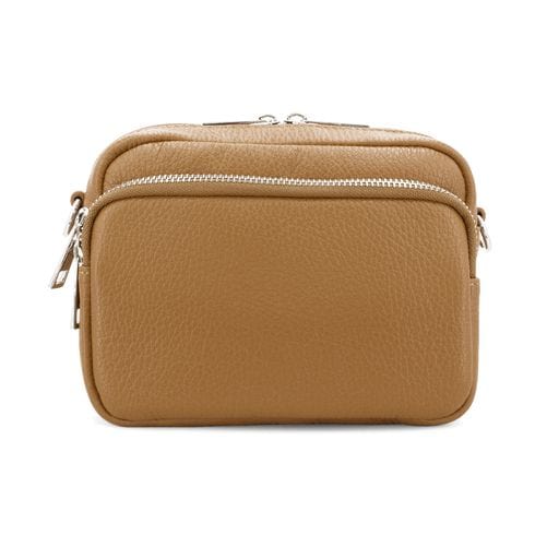 lusciousscarves Tan Italian Leather Crossbody Camera Bag with Double Zip , Front Pocket Compartment
