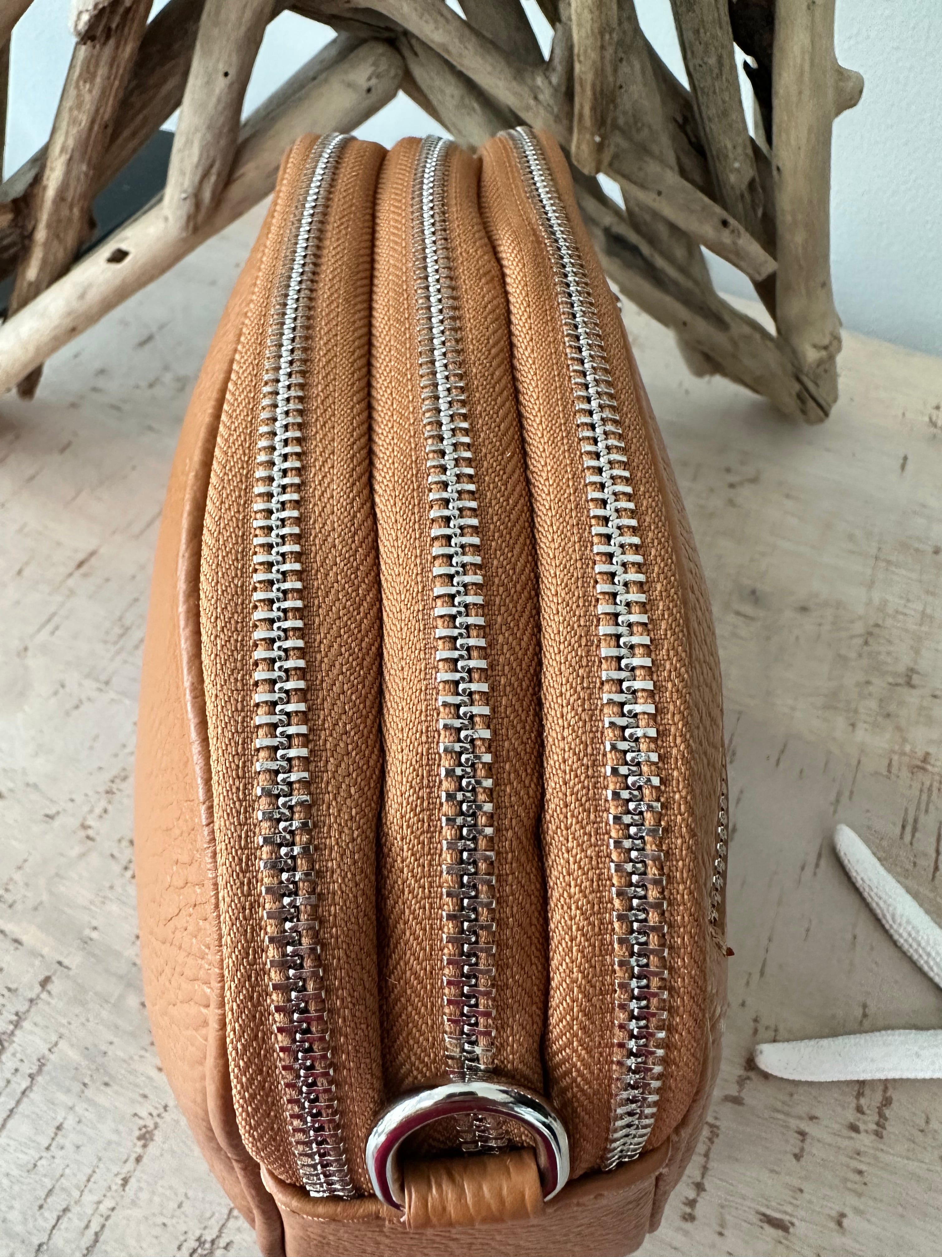 lusciousscarves Tan Triple Zip Italian Leather Crossbody Camera Bag