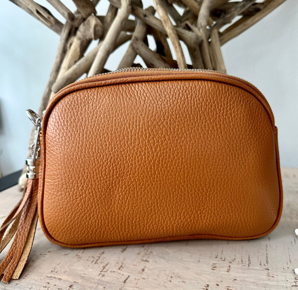 lusciousscarves Tan Triple Zip Italian Leather Crossbody Camera Bag