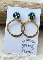 Load image into Gallery viewer, lusciousscarves Teal and Peach Leopard Print Stud with Gold Brass Hoops, Handmade in Cornwall
