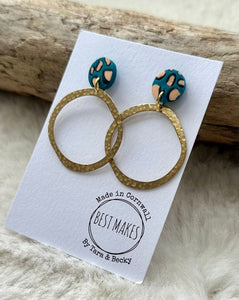 lusciousscarves Teal and Peach Leopard Print Stud with Gold Brass Hoops, Handmade in Cornwall