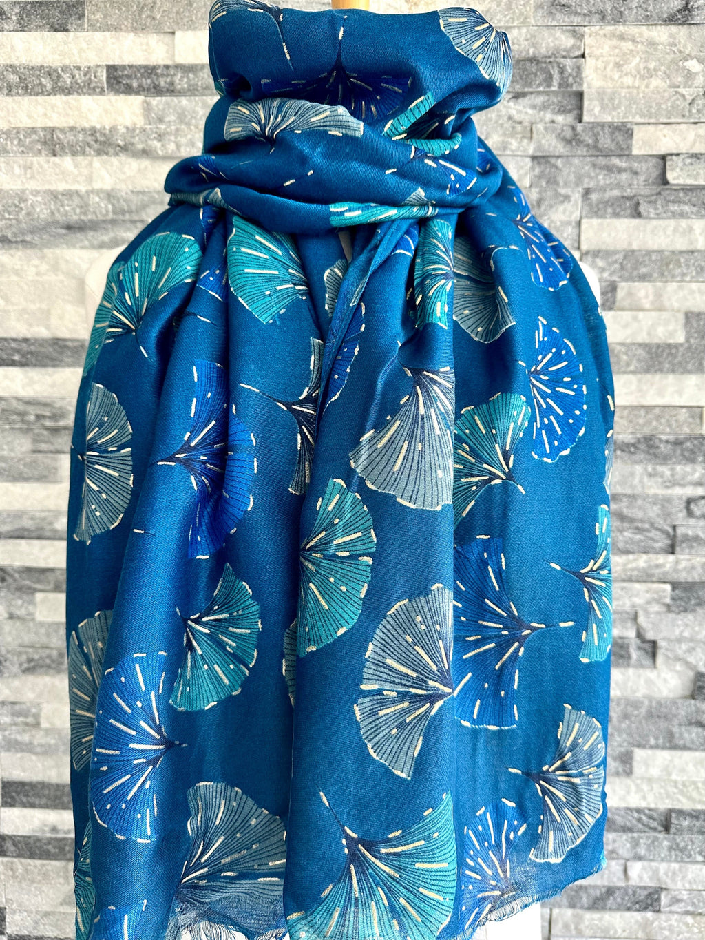 lusciousscarves Teal Blue and Gold Metallic Ginkgo Leaves Scarf.