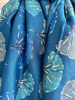 Load image into Gallery viewer, lusciousscarves Teal Blue and Gold Metallic Ginkgo Leaves Scarf.
