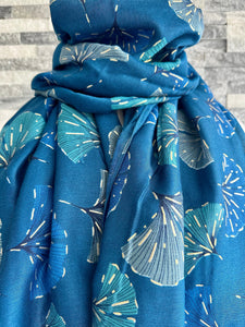 lusciousscarves Teal Blue and Gold Metallic Ginkgo Leaves Scarf.