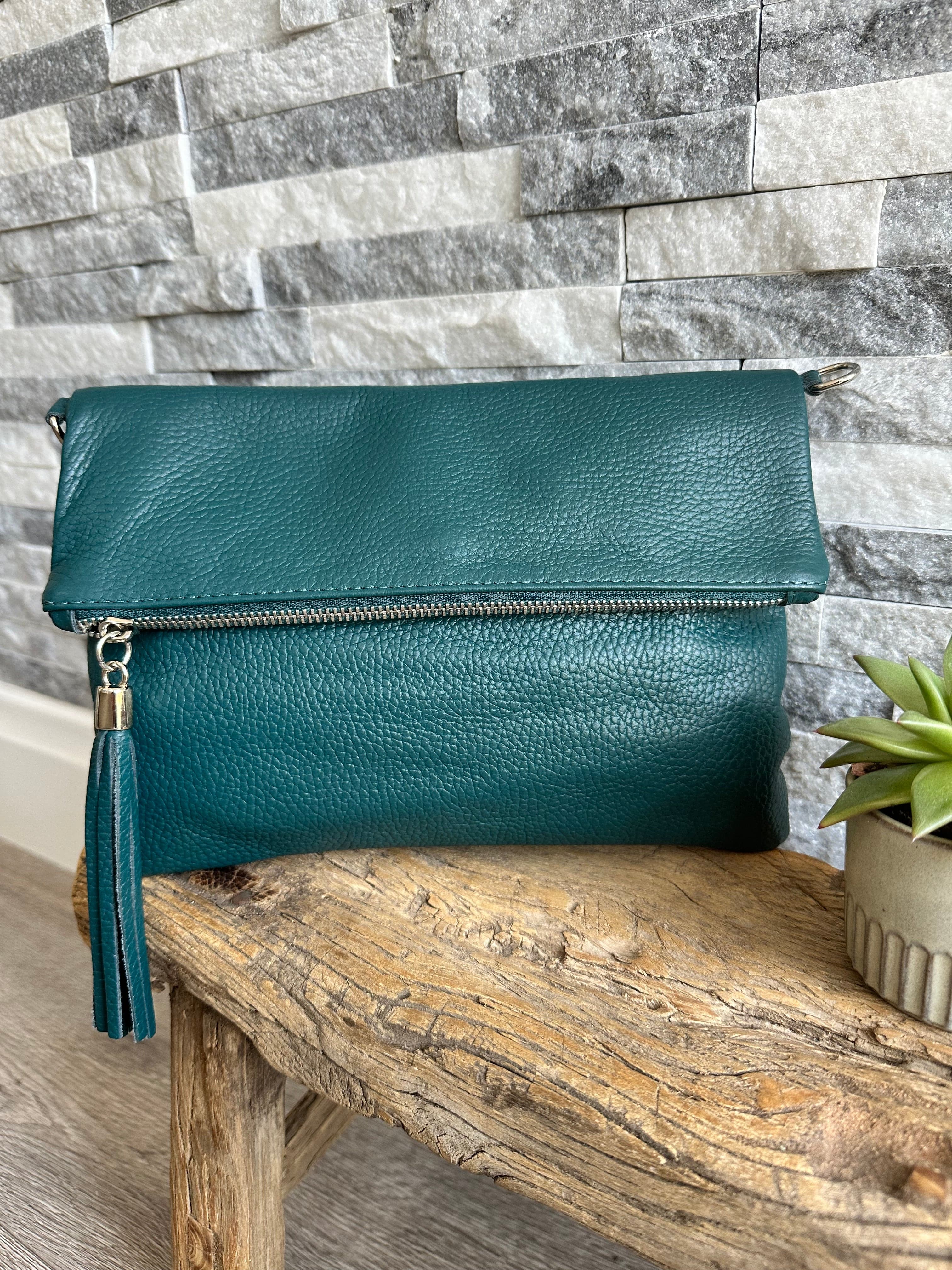 lusciousscarves Teal Italian Leather Fold Over Clutch Bag with Tassel, Available in 17 Colours .