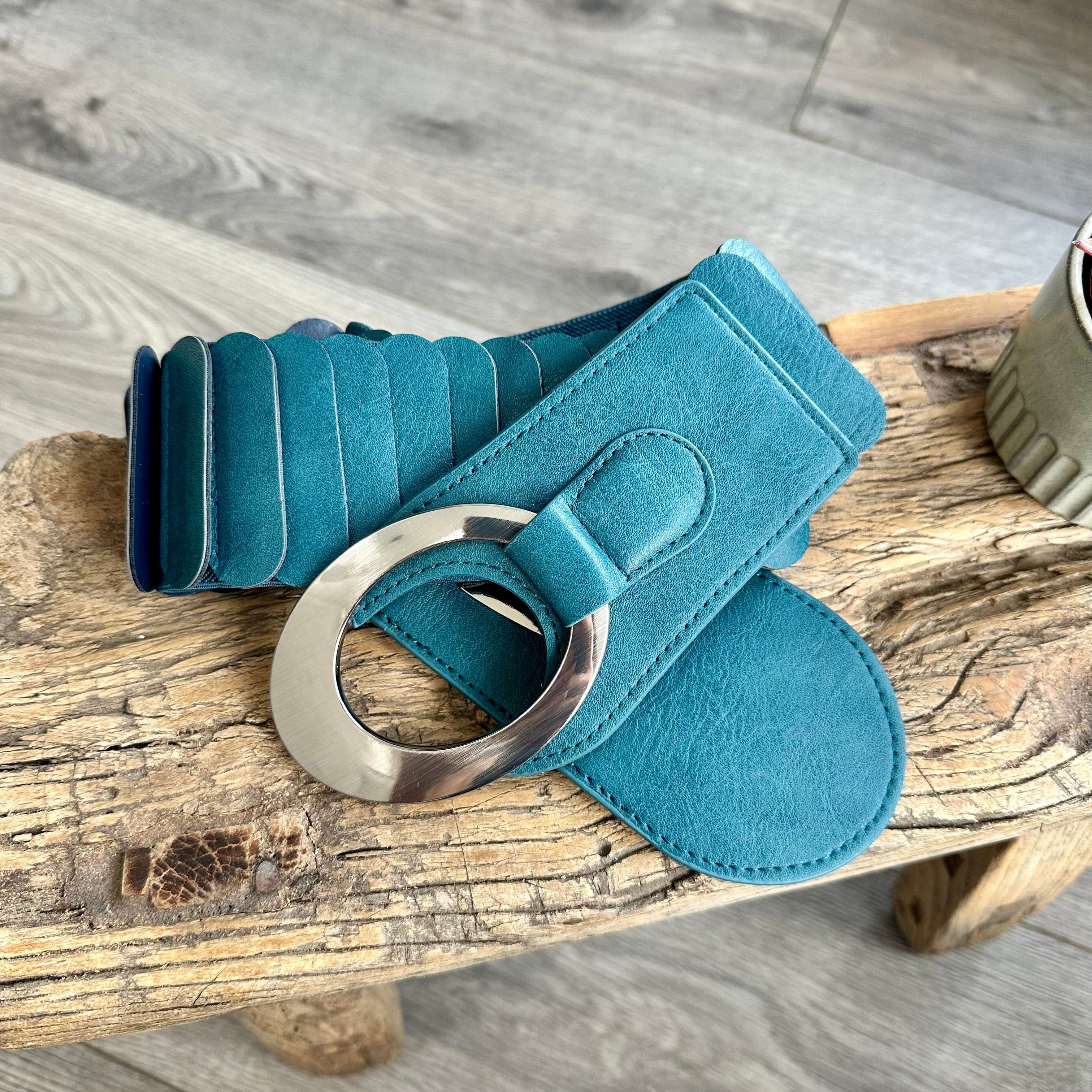 lusciousscarves Teal Ladies Faux Leather Stretchy Waist Belt with Chrome Loop and Hook.