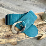 Load image into Gallery viewer, lusciousscarves Teal Ladies Faux Leather Stretchy Waist Belt with Chrome Loop and Hook.
