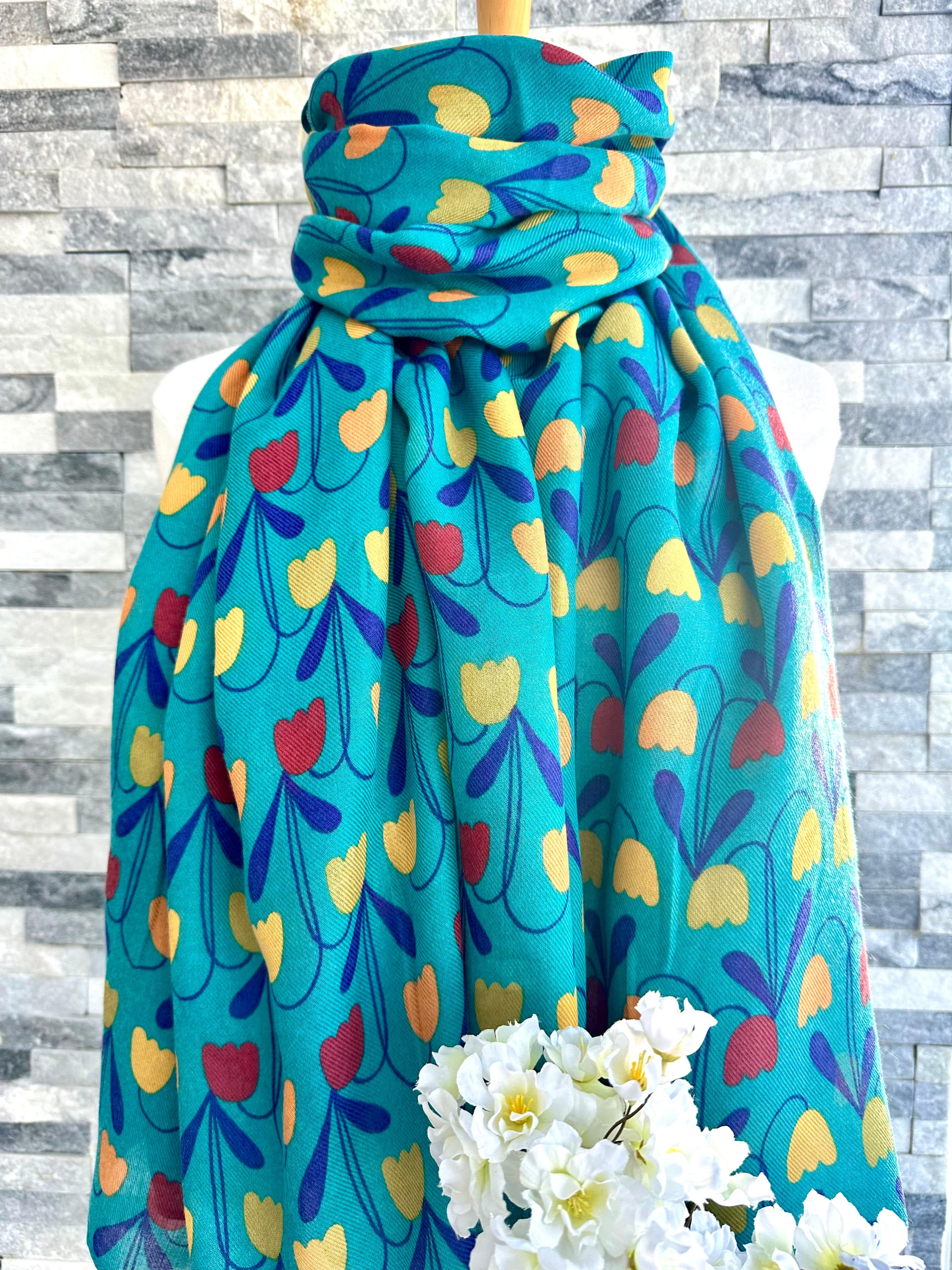 lusciousscarves Teal Scarf with Sweet Tulips