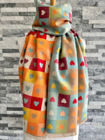 Load image into Gallery viewer, lusciousscarves Turquoise and Orange Reversible Hearts and Checks Design Scarf.
