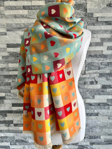 lusciousscarves Turquoise and Orange Reversible Hearts and Checks Design Scarf.