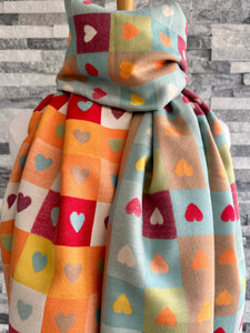 lusciousscarves Turquoise and Orange Reversible Hearts and Checks Design Scarf.