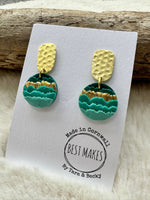 Load image into Gallery viewer, lusciousscarves Turquoise Green and Hammered Metal Wavy Dangle Earrings , Handmade in Cornwall.
