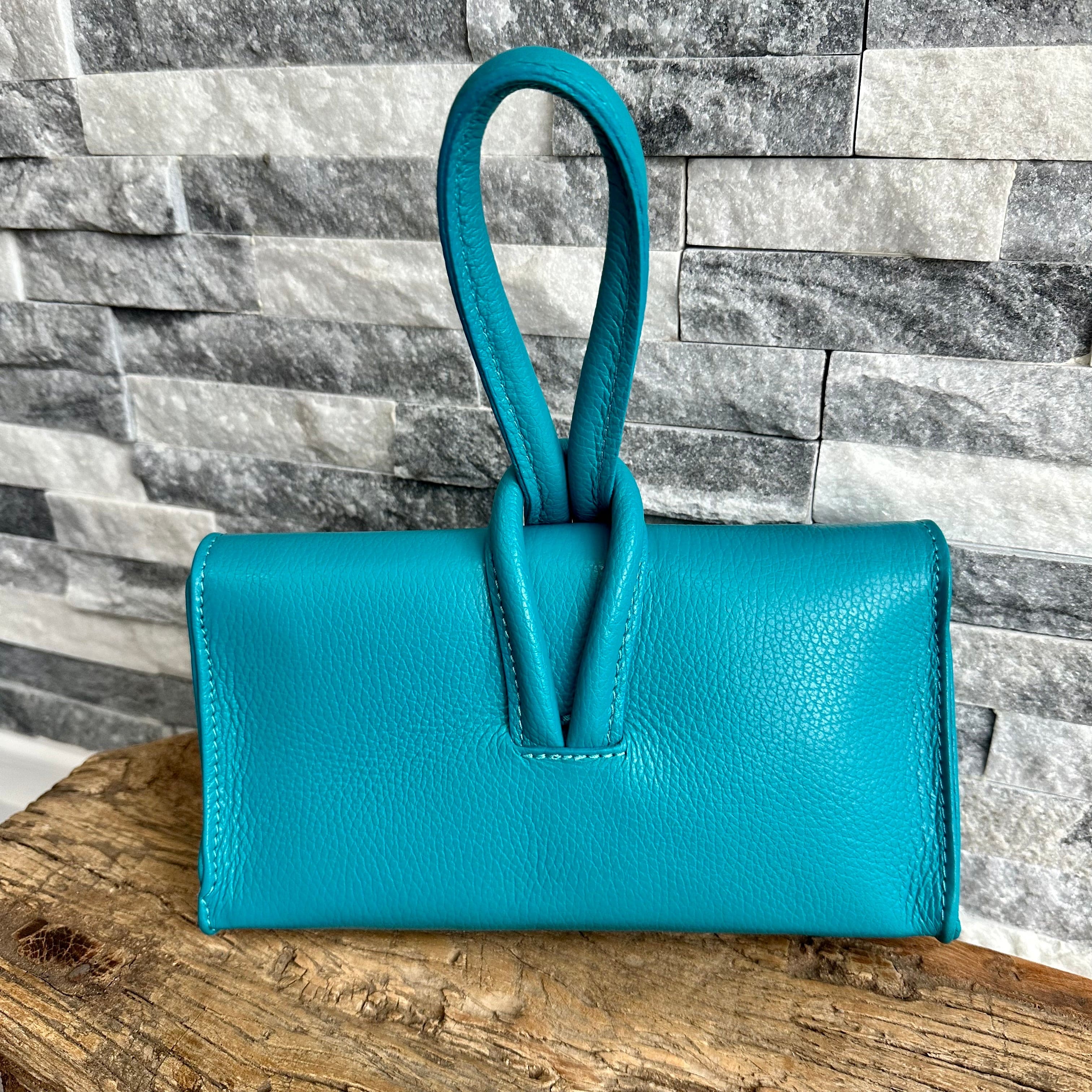 lusciousscarves Turquoise Italian Leather Clutch Bag with Loop Handle