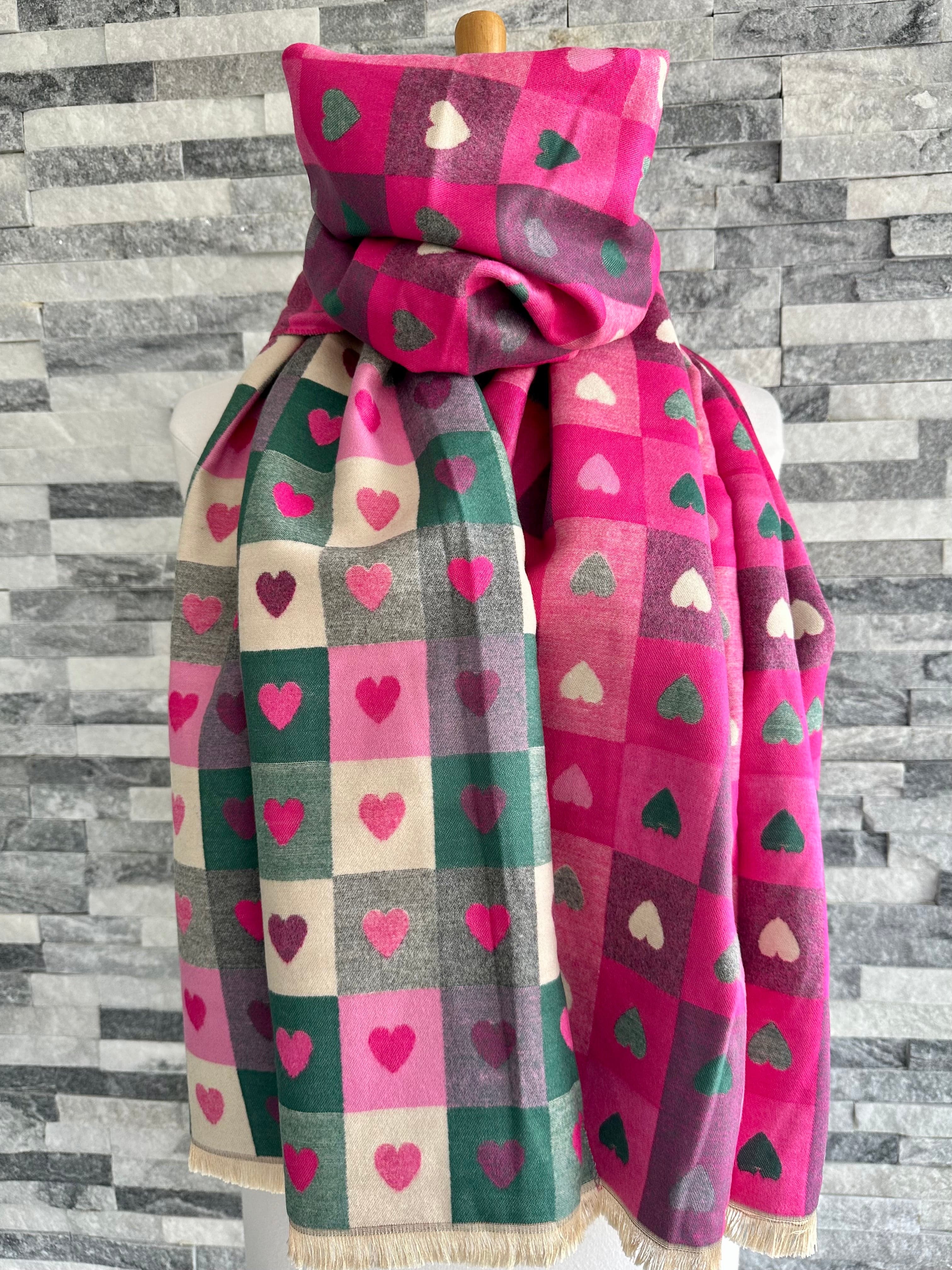 lusciousscarves Vibrant Pink Reversible Hearts and Checks Scarf .