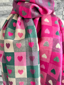 lusciousscarves Vibrant Pink Reversible Hearts and Checks Scarf .