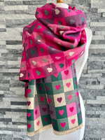 Load image into Gallery viewer, lusciousscarves Vibrant Pink Reversible Hearts and Checks Scarf .
