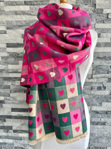 lusciousscarves Vibrant Pink Reversible Hearts and Checks Scarf .