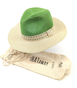 lusciousscarves Vintage Style Packable Panama Hat , Two Tone Green and Natural , Foldable Travel Hat .