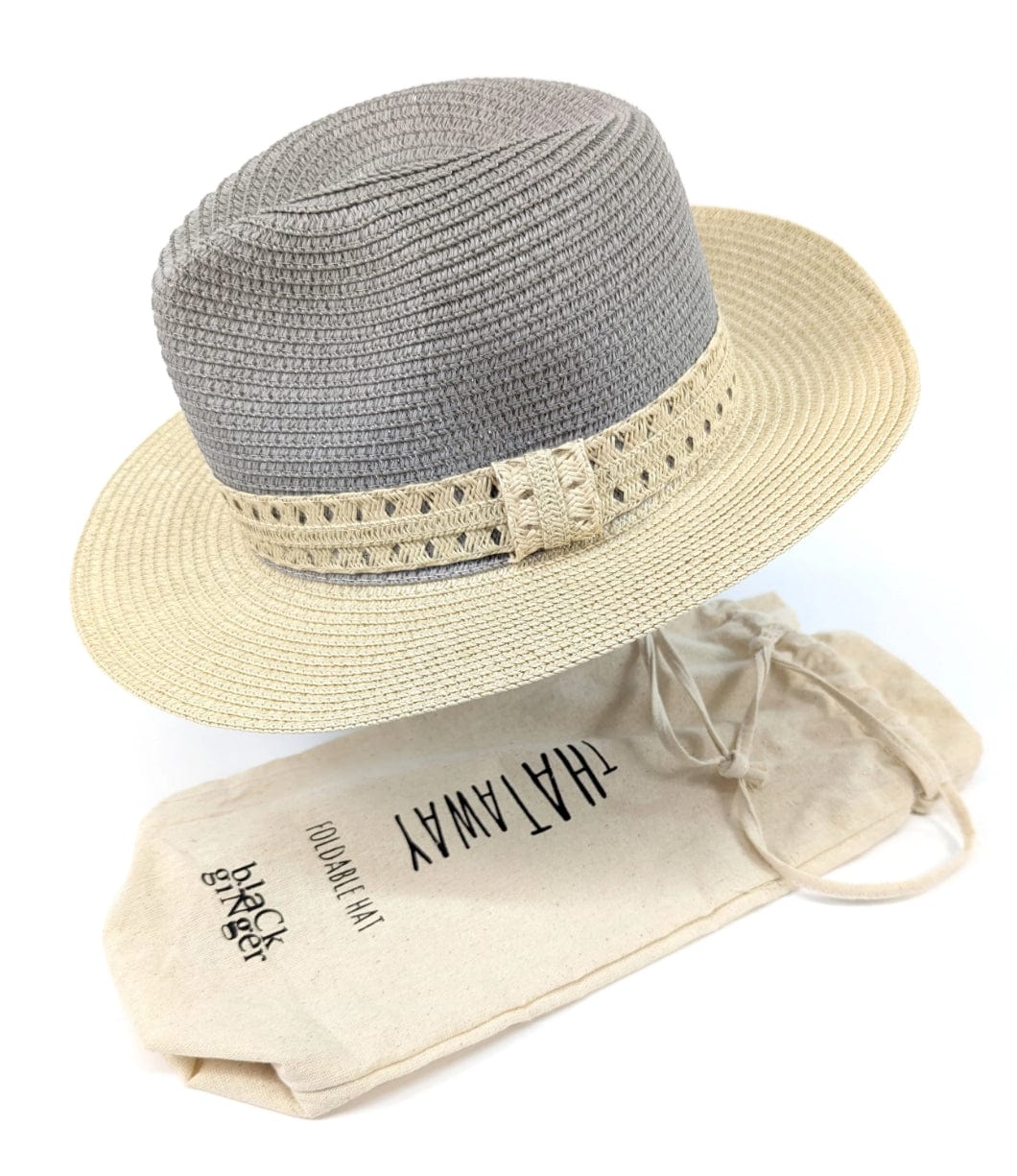 Vintage Style Packable Panama Hat , Two Tone Grey And Natural , Foldable Travel Hat .