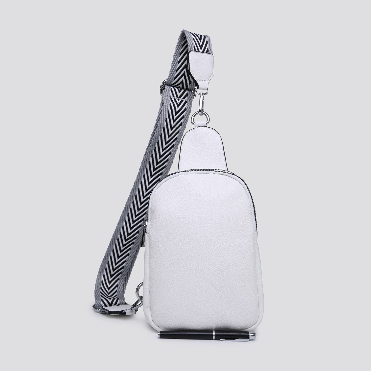 lusciousscarves White Faux Leather Double Zipped Sling Bag - Chest Bag with Patterned Canvas Strap