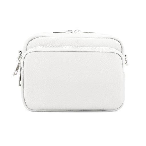 lusciousscarves White Italian Leather Crossbody Camera Bag with Double Zip , Front Pocket Compartment