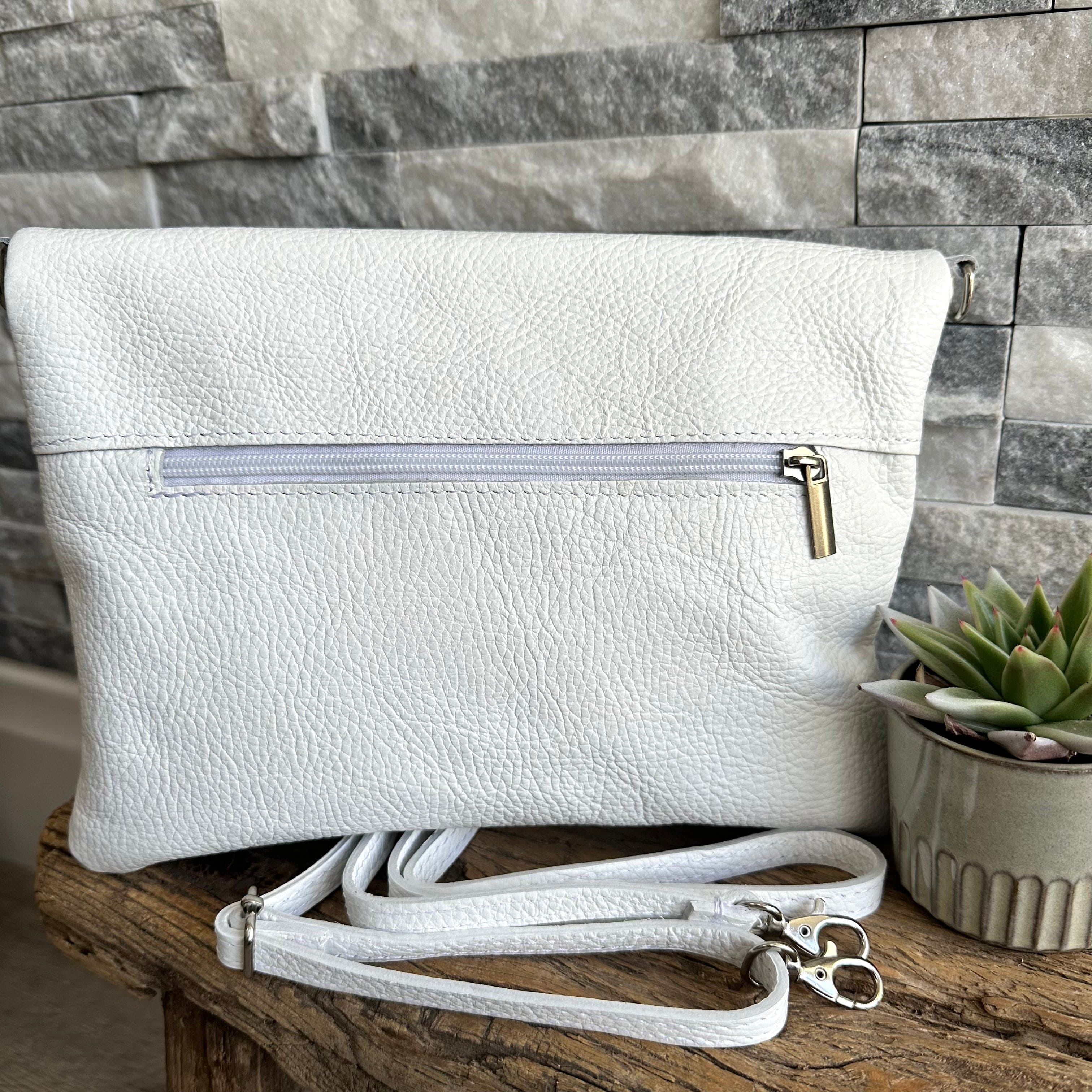 lusciousscarves White Italian Leather Fold Over Clutch Bag