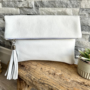 lusciousscarves White Italian Leather Fold Over Clutch Bag