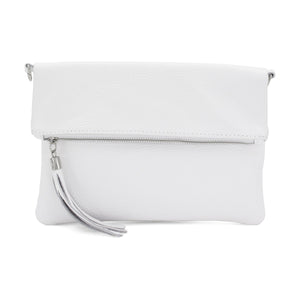 lusciousscarves White Italian Leather Fold Over Clutch Bag with Tassel.