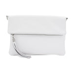 Load image into Gallery viewer, lusciousscarves White Italian Leather Fold Over Clutch Bag with Tassel.
