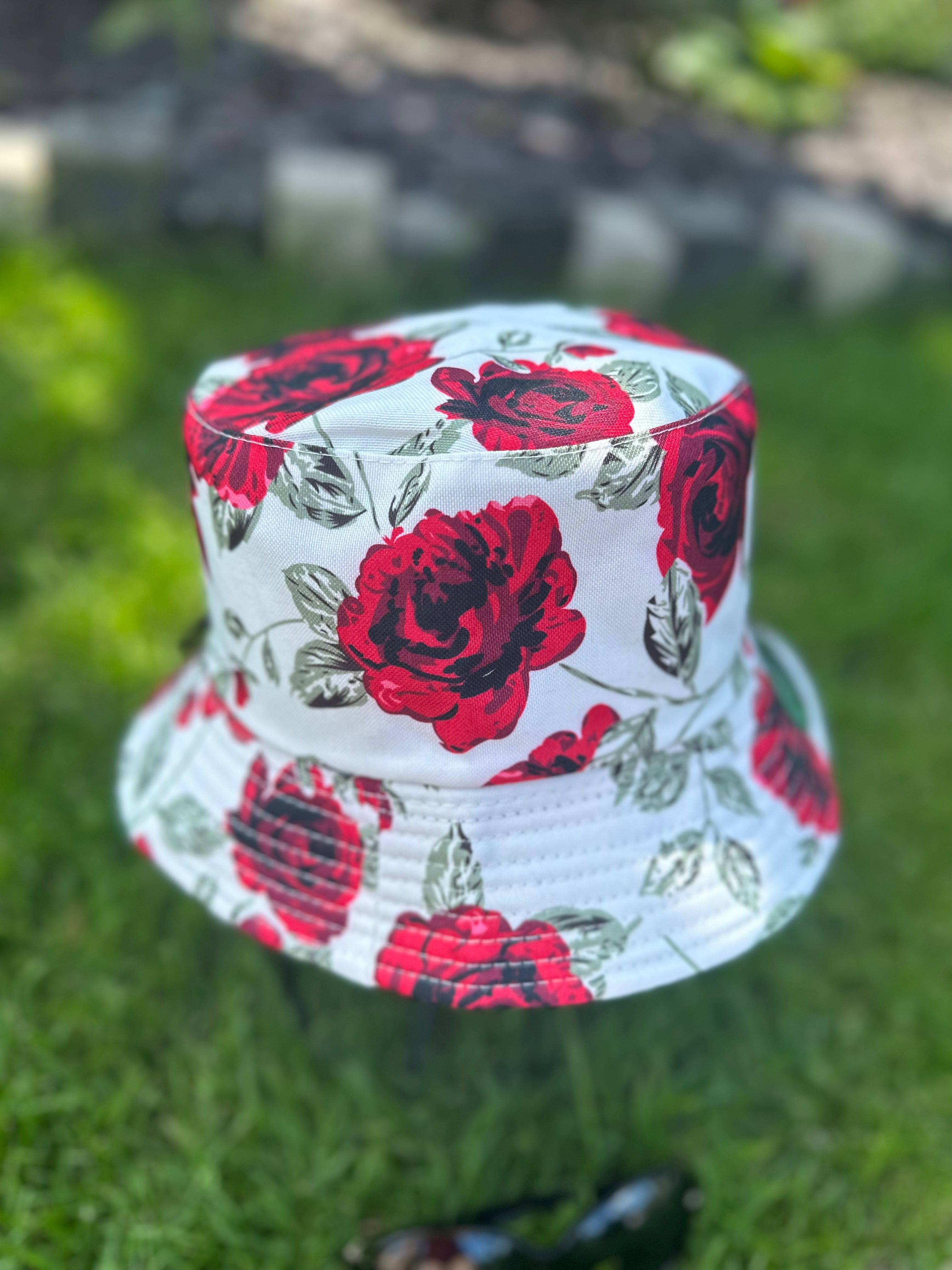 lusciousscarves White Reversible Bucket Hat with Red Roses Design
