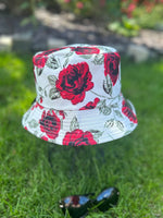 Load image into Gallery viewer, lusciousscarves White Reversible Bucket Hat with Red Roses Design
